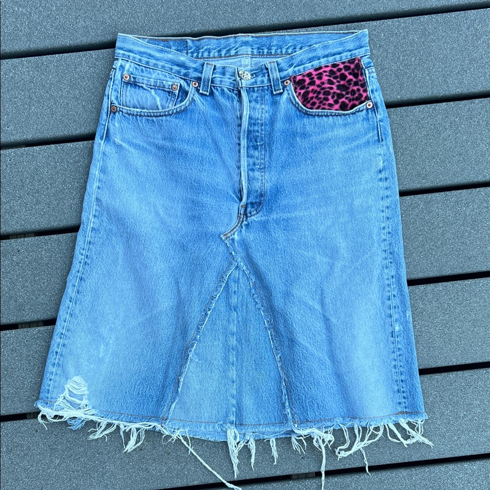 Levi's Vintage and Custom Denim Midi Skirt with Pink Leopard Accent